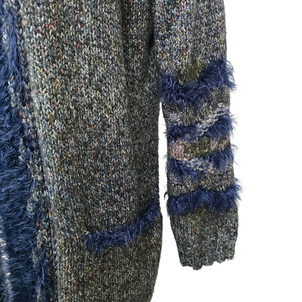 NIC+ZOE Mixed Media Faux Fur‎ Trim Long Cardigan Sweater Women's Size Large